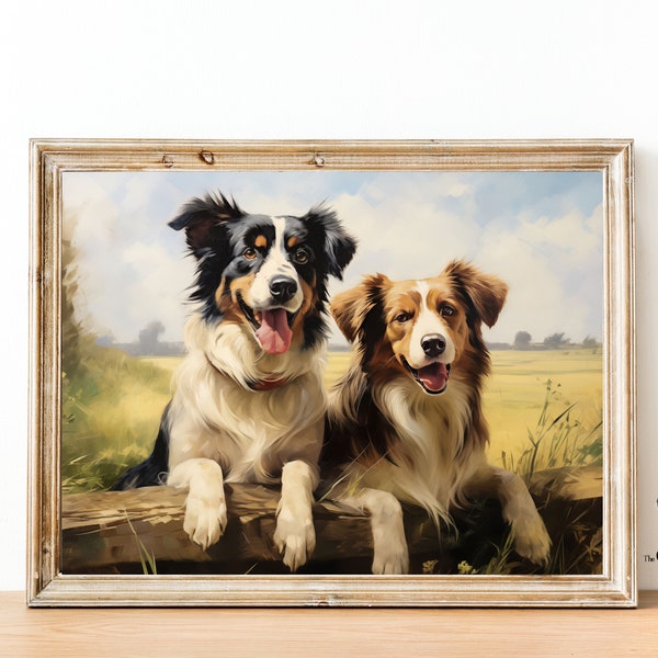 Australian Shepherd Duo: Digital Wall Art of Joyful Dogs - Nostalgic Canine Decor