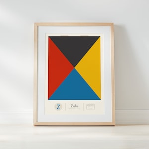 Puede incluir: Impresión enmarcada con un diseño geométrico dividido en cuatro triángulos de colores: rojo, negro, amarillo y azul. La palabra "Zulu" está impresa debajo, junto con la letra "Z" y la frase "Require a Tug".