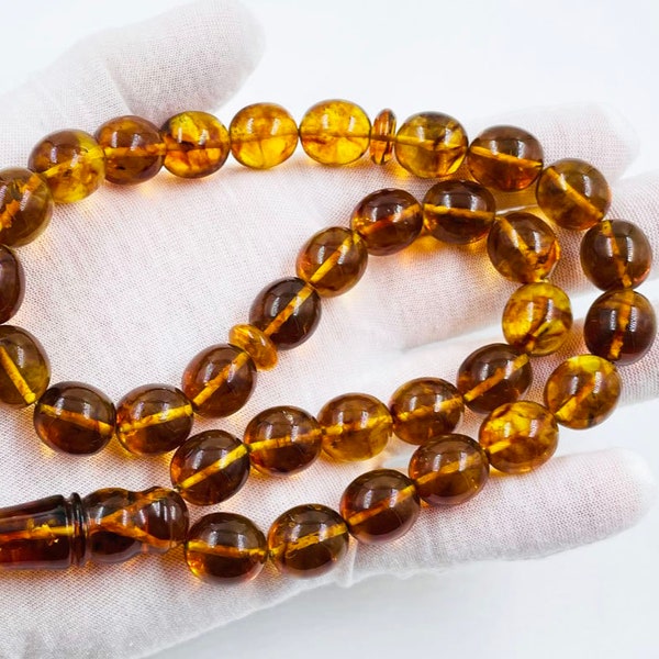 Islamic Muslim Prayer Amber 33 Beads | 65g Natural Baltic Amber Rosary | Amber Tasbih Misbaha pressed