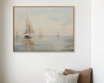 印刷可能な帆船の絵画湖の家の壁アート、デジタルダウンロード航海アートプリント、航海沿岸の壁装飾、沿岸の壁装飾