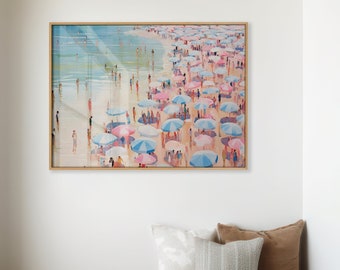 Impresión de playa vintage, pintura costera abstracta, decoración de apartamentos femeninos, arte de pared imprimible en rosa, impresión de sombrilla de playa, pintura al óleo costera