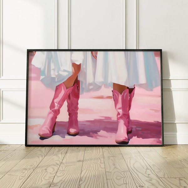 Cowgirl Boots Wall Art, Coastal Cowgirl, Retro Downloadable Print, Girly Western Wall Art, Pink Apartment Painting, 1950s Aesthetic, Western
