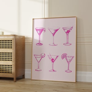 wydruk martini, wydruki na wózkach barowych, różowy koktajl martini na ścianę, dziewczyna z koktajlem retro, plakat z napojami alkoholowymi, znak koktajlowy, wydruk na zdrowie