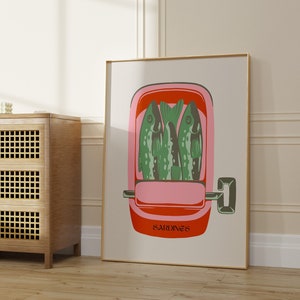 Sardine Art, Fish Print, Sardine Cans, Vintage Food Print, French Bistro Decor, Sardine Poster, Retro Pink Orange and Green Art Print, Fish