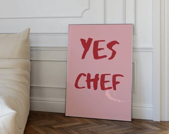 Yes Chef Poster - Mid Century Print - Trendige rosa und rote Wandkunst - Bon Appetit Poster - Minimalistischer Küchendruck - Typografie Print