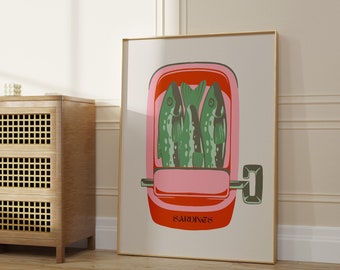 Sardine Art, Fish Print, Sardine Cans, Vintage Food Print, French Bistro Decor, Sardine Poster, Retro Pink Orange and Green Art Print, Fish