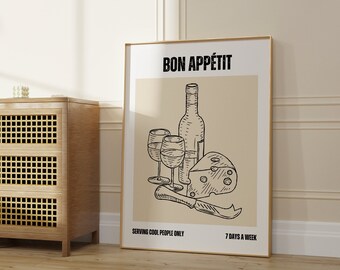 Wine and Cheese Club Poster - Bon Appetit, Vintage Food Poster - Wine Print - Retro Food Art - Dinner Party Print - Modern Kitchen Art