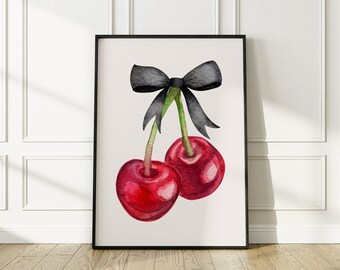 Cherry Bow Print, Coquette Wall Art Print, Girly Wall Prints Trendy, Chinoiserie Art, Grand Millennial Wall Art, Digital Download, Bow Art