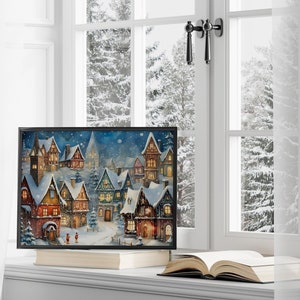 Winter Print, Watercolor Christmas Painting, Festive Holiday Home Decor, Snow Village, Snowy Christmas Wall Art Town City, Vintage Christmas