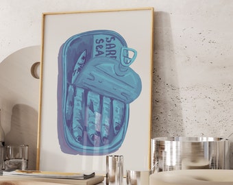 Sardine Art, nadruk z rybą, puszki z sardynkami, nadruk z jedzeniem w stylu vintage, wystrój francuskiego bistro, plakat z sardynkami, retro niebieski nadruk artystyczny, nadruk z rybą