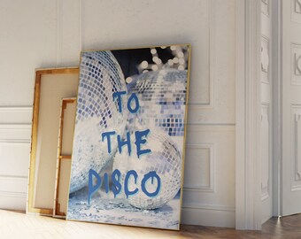 blue disco ball art print, disco ball poster, disco art print, disco blue trendy wall art, blue preppy wall art, bar cart prints