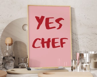 Yes Chef Poster - Mid Century Print - Trendy Pink and Red Wandkunst - Bon Appetit Poster - Minimalistischer Kitchen Print - Typografie Print