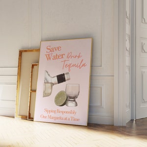 Save Water Drink Tequila, Save Water Drink Tequila Poster, Bar Cart Druck, pink und orange Wandkunst, Alkohol Druck, Tequila Glas