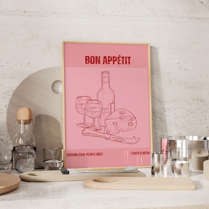 Plakat klubu wina i sera, plakat z jedzeniem w stylu vintage, wydruk wina, sztuka jedzenia w stylu retro, wydruk w stylu mid century modern, nowoczesna sztuka ścienna do kuchni, różowo-czerwony