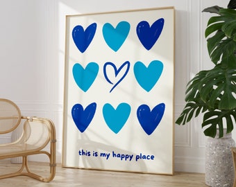 Bunte Herzen Wandkunst, Blaue trendige Wandkunst, Helle Wandkunst, Abstrakte Herzkunst, adrette Wandkunst, College-Raumdekor, Trendy Wohnheim-Dekor