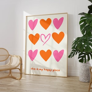 Arte de pared de corazones coloridos, impresión naranja rosa, arte de pared brillante, arte de corazones abstractos, arte de pared de muy buen gusto, decoración de la habitación universitaria, decoración de dormitorio de moda