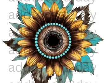 Sunflower svg, svg western sunflower, western svg, turquoise gemstone svg, Turquoise Sunflower Png, sunflower sublimation design