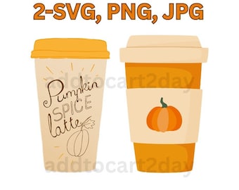 May include: Two brown paper cups with lids. One cup has the text "Pumpkin Spice Latte" with a small pumpkin illustration. The other cup has a small orange pumpkin illustration.