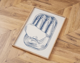 Sardine Art, nadruk z rybą, puszki z sardynkami, nadruk z jedzeniem w stylu vintage, wystrój francuskiego bistro, plakat z sardynkami, retro niebieski nadruk artystyczny, nadruk z rybą
