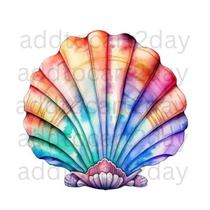 May include: A watercolor painting of a rainbow seashell. The shell is closed and has a detailed, textured surface. The colors of the shell are red, orange, yellow, green, blue, and purple.