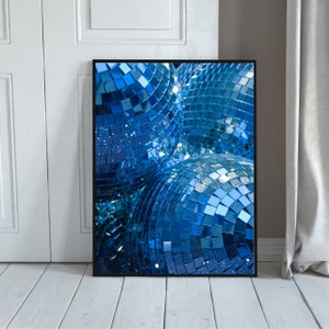 Blue Disco Ball Art Print, Funky Disco Ball 70s Poster, Retro Vintage Print, Funky Wall Art Girly Dorm Room Decor, Blue Trendy Wall Art