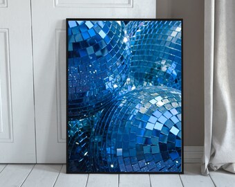 Blue Disco Ball Art Print, Funky Disco Ball 70s Poster, Retro Vintage Print, Funky Wall Art Girly Dorm Room Decor, Blue Trendy Wall Art
