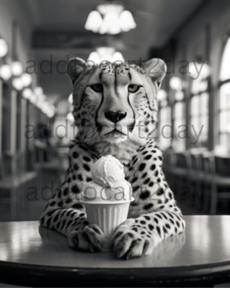 Puede incluir: Una foto en blanco y negro de un guepardo sentado en una mesa con una taza de helado. El guepardo est&aacute; mirando directamente a la c&aacute;mara.