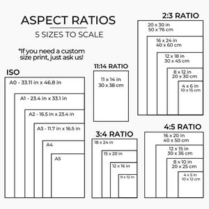 May include: A chart showing different aspect ratios for prints, with five sizes to scale for each ratio. The ratios are 2:3, 11:14, 3:4, and 4:5. The chart includes measurements in inches and centimeters. The text "*If you need a custom size print, just ask us!" is at the top of the chart.