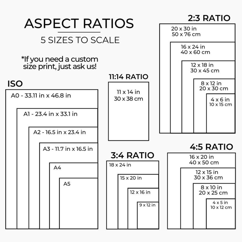 May include: A chart showing different aspect ratios for prints, with five sizes to scale for each ratio. The ratios are 2:3, 11:14, 3:4, and 4:5. The chart includes measurements in inches and centimeters. The text "*If you need a custom size print, just ask us!" is at the top of the chart.