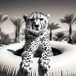May include: A black and white photo of a cheetah sitting in a white inflatable pool ring. The cheetah is looking directly at the camera. The background is blurred and shows palm trees.
