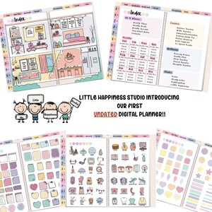 May include: A digital planner with a colorful cover featuring a house with a pink roof and a cartoon family. The planner is titled "Little Happiness Studio Introducing Our First Undated Digital Planner!" and includes sections for finances, wellness, and studio.
