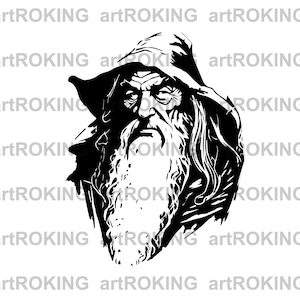 May include: A monochrome illustration of an old man with a long beard and a hooded cloak. The image features the text "artROKING" repeated across the background.