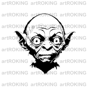 May include: Black and white illustration of a goblin with large ears and a serious expression.