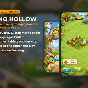 May include: Dino Hollow HTML5 game template featuring a dinosaur valley merge game. The interface displays game screens with nests, eggs, and a cartoon dinosaur character. Text includes game features like 10 quests and 9 languages.