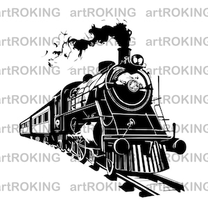 May include: A black and white illustration of a vintage steam locomotive train with smoke coming from the chimney. The train is facing the right side of the image and is moving forward on a set of railroad tracks.