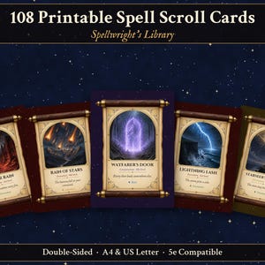 DnD Spell Scroll Cards, 108 Printable Spell Scrolls, Wizard Loot, Levels 1-9, Double-Sided, 5e Compatible, A4 & US Letter PDF