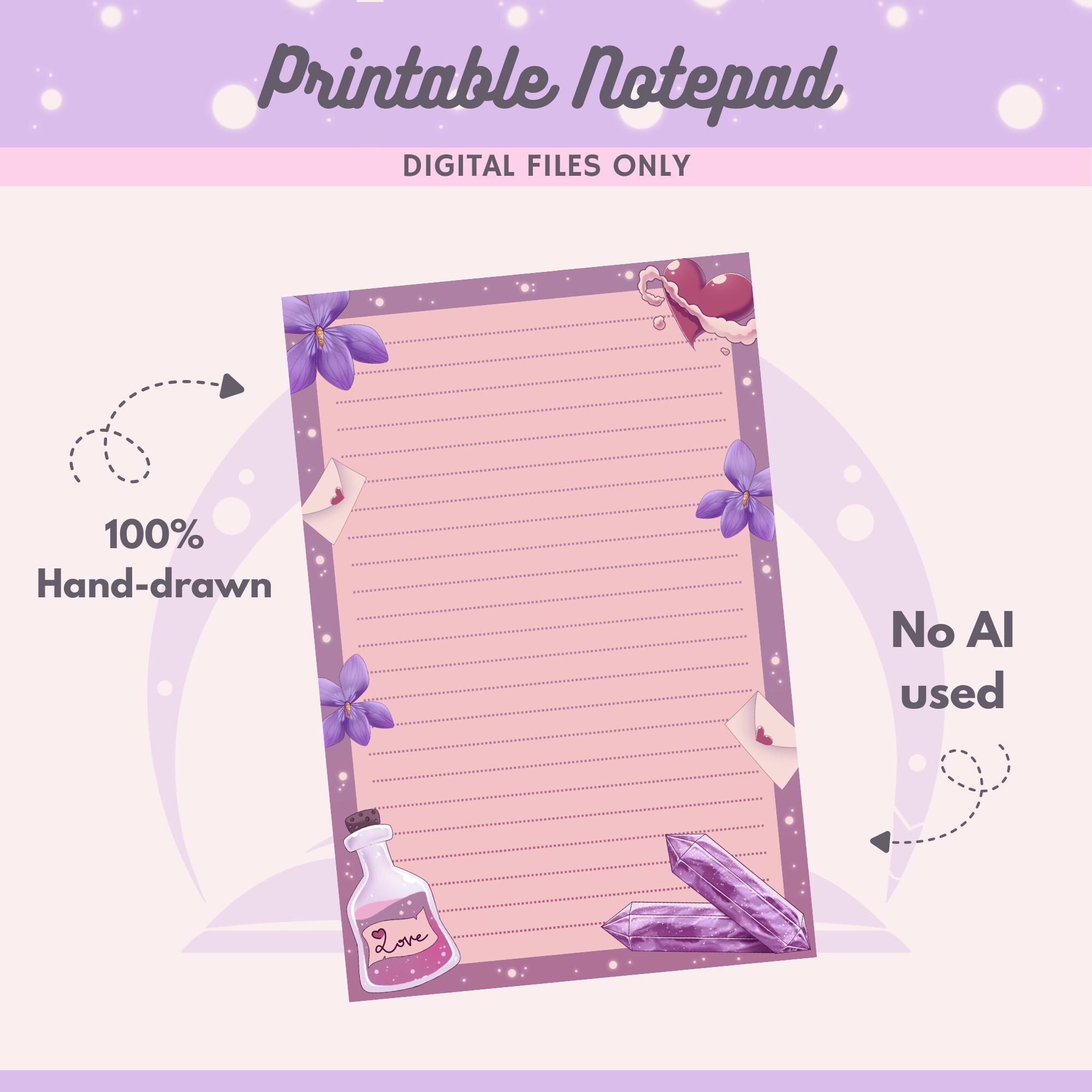 Fantasy Book Lover Notepad Printable 4x6, Witchy Writing Paper, Purple ...