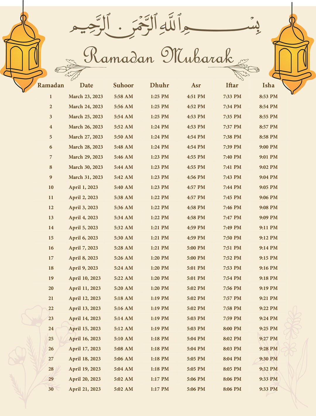 Printable Ramadan Calendar 2023 Etsy