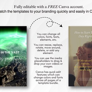 May include: Three social media templates with text overlays. The first template features a green and blue aurora borealis with the text "IN THE VAST lies your future". The second template has text describing how to edit the templates in Canva. The third template features a woman with her hands clasped in prayer and the text "How to Start Your Day Right? Wake up early, hydrate, set a positive intention for the day!"