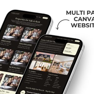 May include: Two smartphones displaying a real estate website with property listings. The screens show images of houses, prices, and details. Text on the screen reads "Properties for Sale & Rent" and "Multi Page Canva Website."