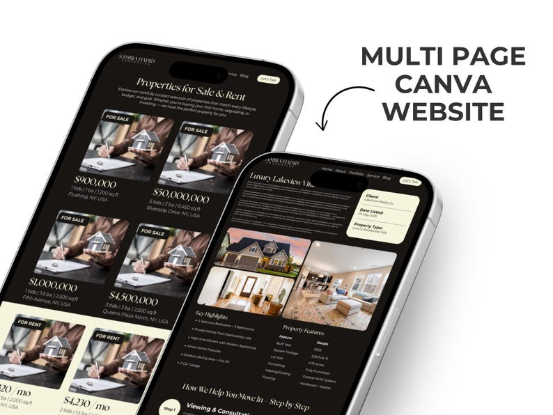 May include: Two smartphones displaying a real estate website with property listings. The screens show images of houses, prices, and details. Text on the screen reads "Properties for Sale & Rent" and "Multi Page Canva Website."