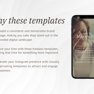 May include: A smartphone screen displaying tips to manage stress, including taking time for yourself, practicing deep breathing, prioritizing tasks, and remembering it's okay to say no. The screen is white with black text and blue buttons.