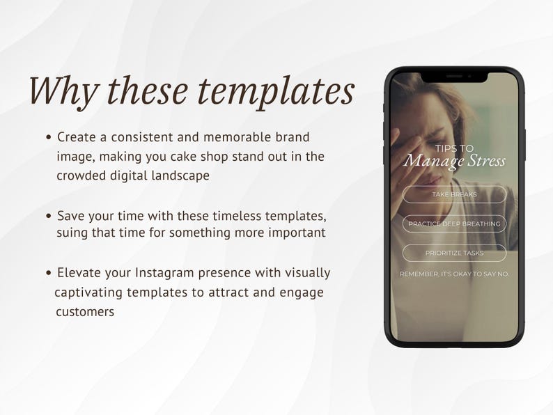 May include: A smartphone screen displaying tips to manage stress, including taking time for yourself, practicing deep breathing, prioritizing tasks, and remembering it's okay to say no. The screen is white with black text and blue buttons.