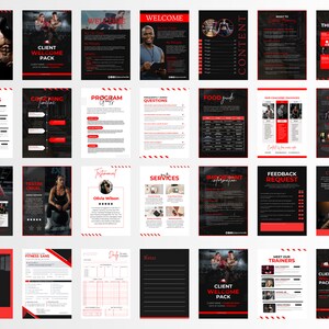 May include: A black and red client welcome pack for a fitness gym. The pack includes information about the gym's services, trainers, programmes, and more. The pack also includes a testimonial from a satisfied client.