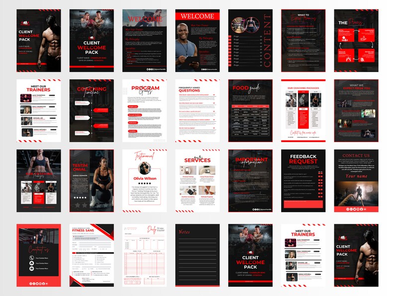 May include: A black and red client welcome pack for a fitness gym. The pack includes information about the gym's services, trainers, programmes, and more. The pack also includes a testimonial from a satisfied client.