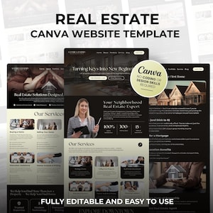 May include: A real estate Canva website template with a dark theme. The design includes website mockups, a woman holding a tablet, and the text "Real Estate" and "Canva Website Template". The design is fully editable and easy to use.