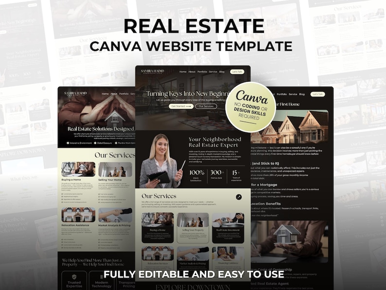 May include: A real estate Canva website template with a dark theme. The design includes website mockups, a woman holding a tablet, and the text "Real Estate" and "Canva Website Template". The design is fully editable and easy to use.