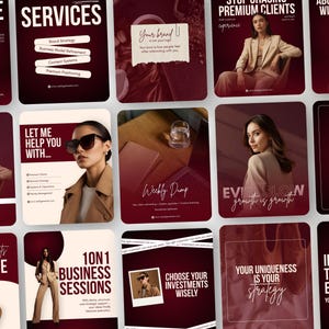 Puede incluir: Una colección de plantillas para redes sociales de marketing digital con una paleta de colores burdeos intenso y crema. Los diseños incluyen fotografías profesionales de personas con blazers beige y texto superpuesto.