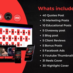 K&ouml;nnte beinhalten: Eine rote und schwarze Grafik mit dem Text "Whats included?" und einer Liste von Social-Media-Inhalten, die in einem Paket enthalten sind. Die Liste umfasst 40 Zitat-Posts, 10 Marketing-Posts, 10 Bildungs-Posts, 5 Giveaway-Posts, 5 Blog-Posts, 5 Kundenbewertungen, 5 Bonus-Posts, 5 Facebook-Anzeigen, 5 YouTube-Thumbnails, 31 Reels-Cover und 30 Highlight-Cover.