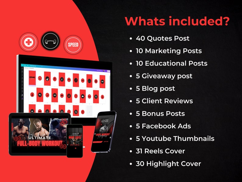 K&ouml;nnte beinhalten: Eine rote und schwarze Grafik mit dem Text "Whats included?" und einer Liste von Social-Media-Inhalten, die in einem Paket enthalten sind. Die Liste umfasst 40 Zitat-Posts, 10 Marketing-Posts, 10 Bildungs-Posts, 5 Giveaway-Posts, 5 Blog-Posts, 5 Kundenbewertungen, 5 Bonus-Posts, 5 Facebook-Anzeigen, 5 YouTube-Thumbnails, 31 Reels-Cover und 30 Highlight-Cover.